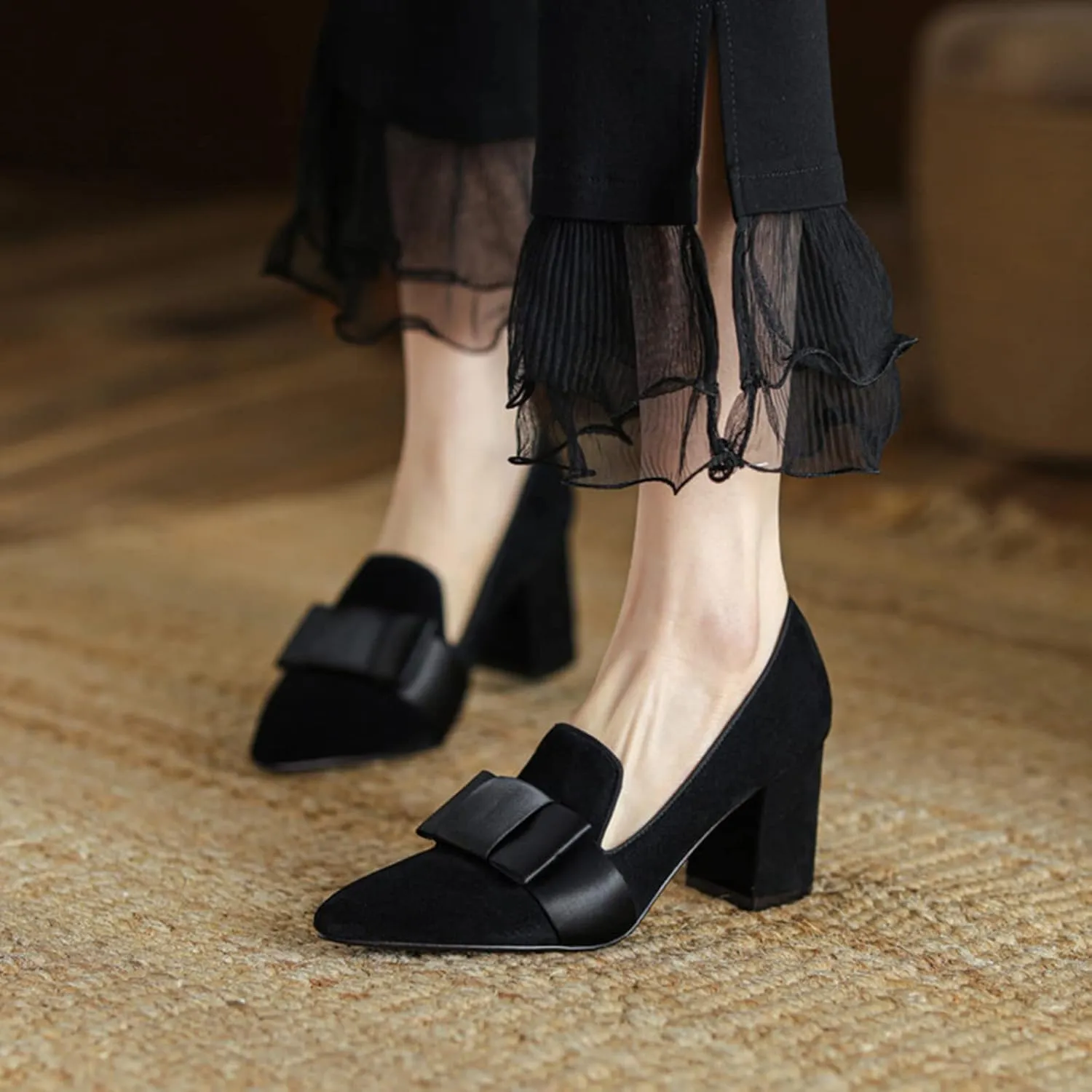 anteikira Women's Chunky Heels Loafer Shoes Closed Toe Bow Knot Slip On Suede Comfortable Elegant 2.8 Inch Block Heel Party Work Office Party Pumps for Ladies