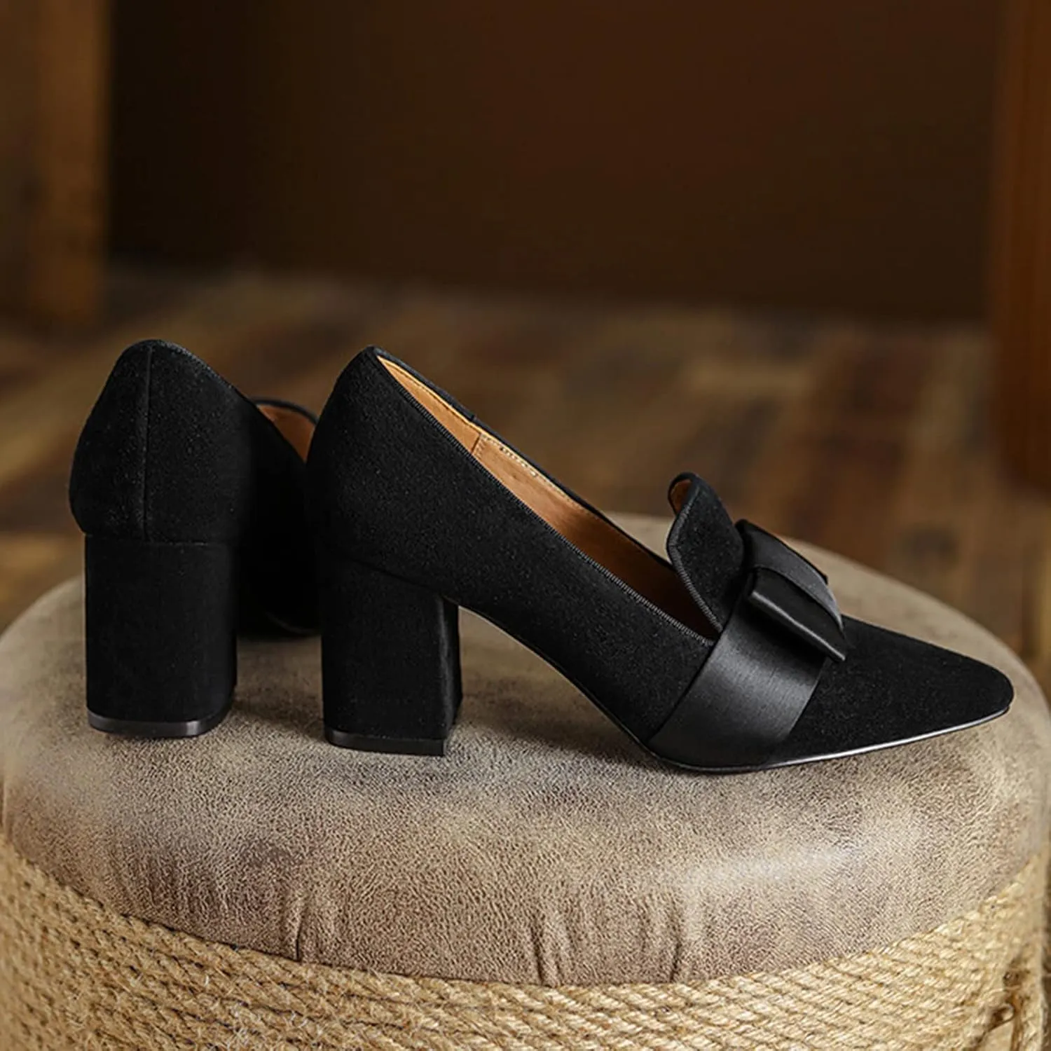 anteikira Women's Chunky Heels Loafer Shoes Closed Toe Bow Knot Slip On Suede Comfortable Elegant 2.8 Inch Block Heel Party Work Office Party Pumps for Ladies