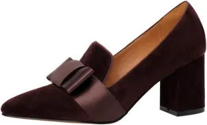 anteikira Women's Chunky Heels Loafer Shoes Closed Toe Bow Knot Slip On Suede Comfortable Elegant 2.8 Inch Block Heel Party Work Office Party Pumps for Ladies
