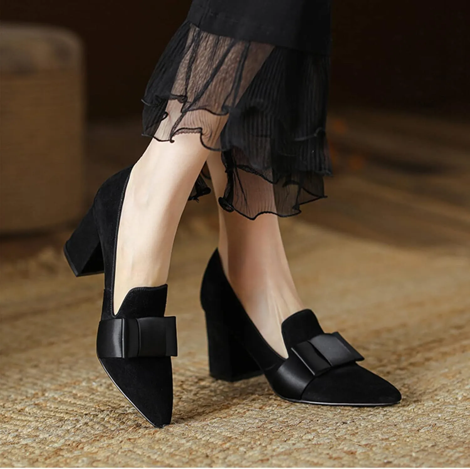 anteikira Women's Chunky Heels Loafer Shoes Closed Toe Bow Knot Slip On Suede Comfortable Elegant 2.8 Inch Block Heel Party Work Office Party Pumps for Ladies