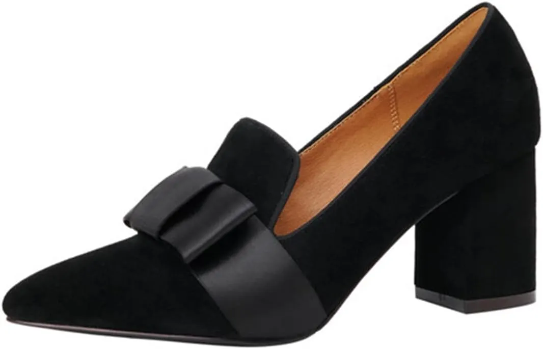 anteikira Women's Chunky Heels Loafer Shoes Closed Toe Bow Knot Slip On Suede Comfortable Elegant 2.8 Inch Block Heel Party Work Office Party Pumps for Ladies