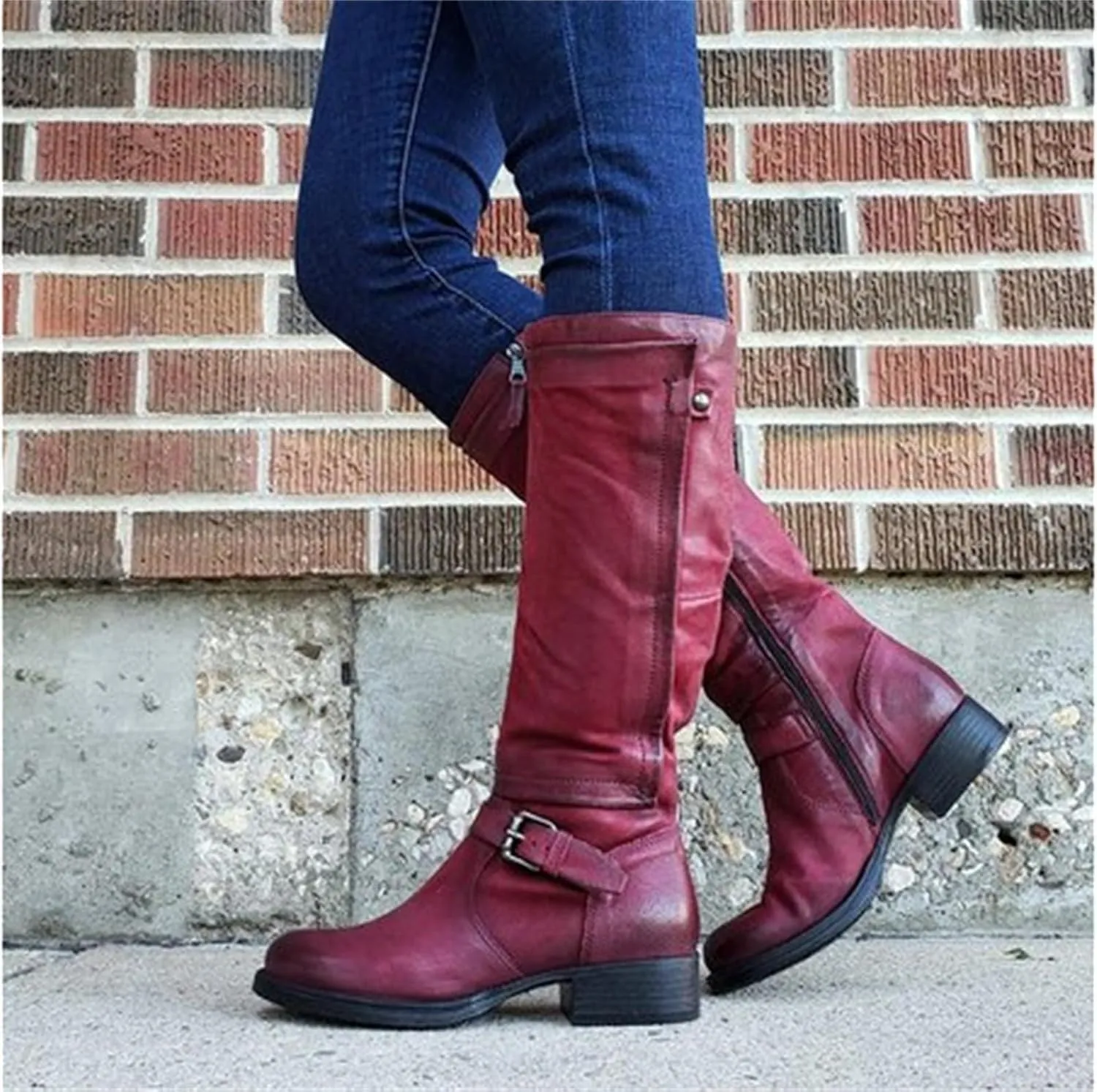 Boots For Women Knee High Wide Calf Leather Mid Calf Dress Boots Winter Fashion Western Biker Motorcycle Riding Boots