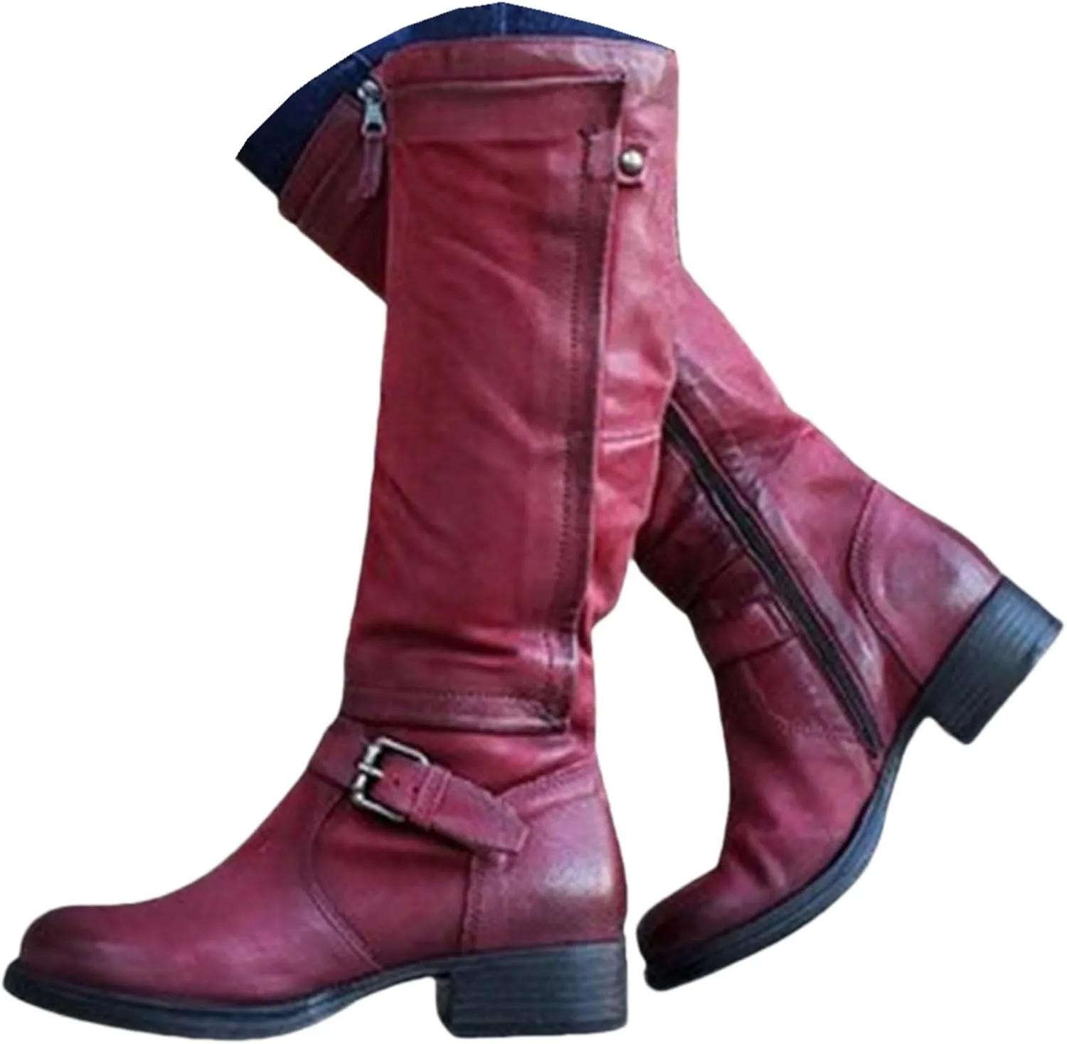Boots For Women Knee High Wide Calf Leather Mid Calf Dress Boots Winter Fashion Western Biker Motorcycle Riding Boots