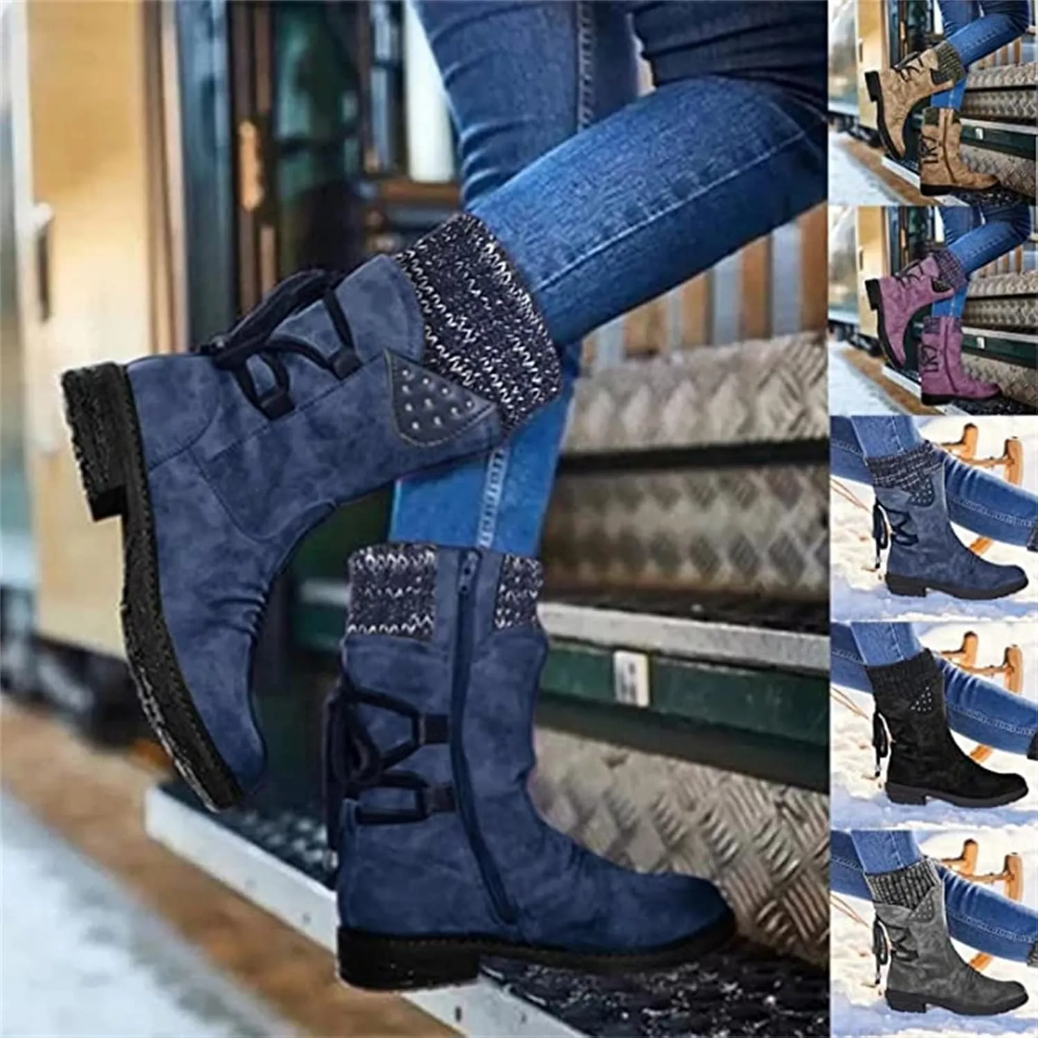 Boots For Women Knee High Wide Calf Mid Calf Square Toe Low Heel Motorcycle Biker Boots Comfortable Dress Western Boots