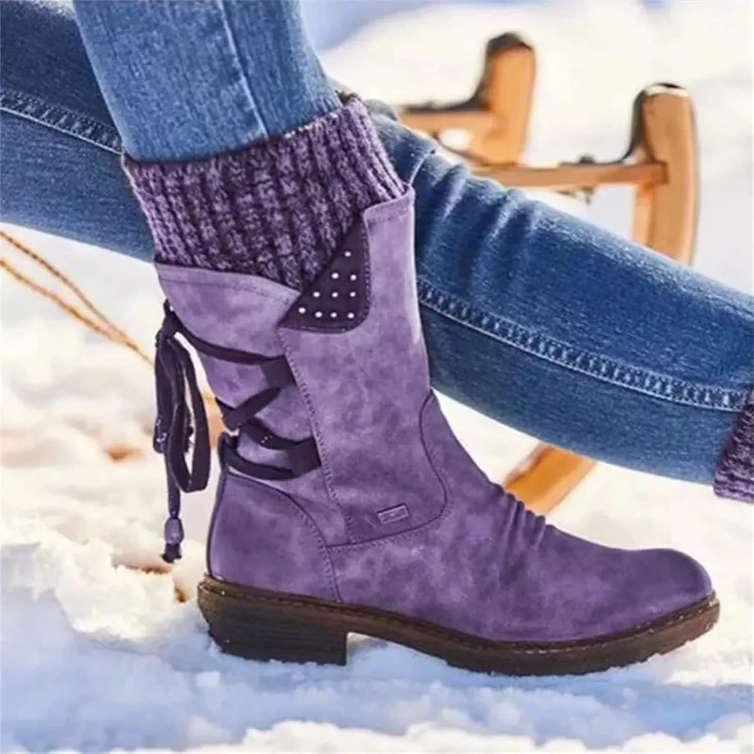Boots For Women Knee High Wide Calf Mid Calf Square Toe Low Heel Motorcycle Biker Boots Comfortable Dress Western Boots