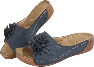 Chic Flowers Orthopedic Sandals for Women Summer Beach Comfortable Sandals Wedge Low Open Toe Slides Fish Mouth Leather Slippers Dressy Casual Slip-On with Arch Support