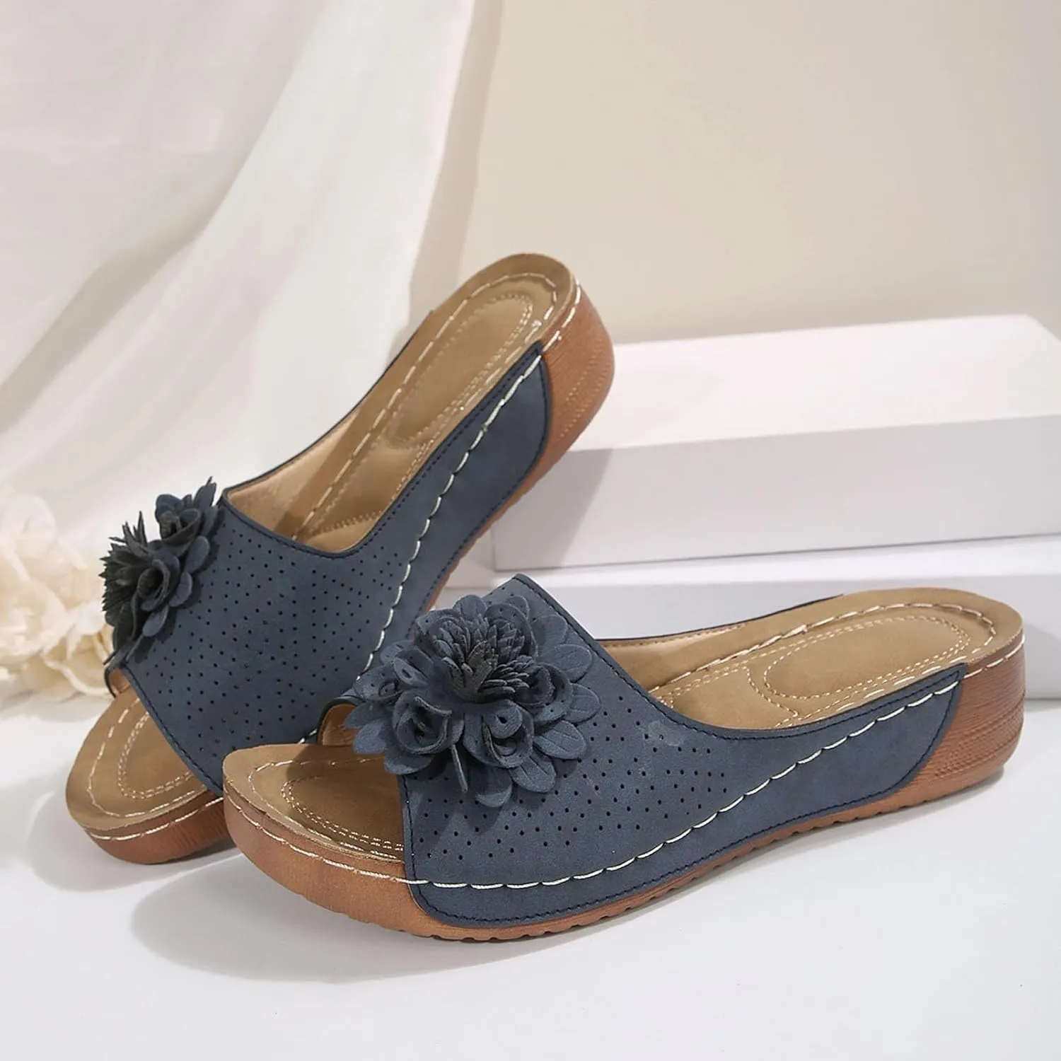 Chic Flowers Orthopedic Sandals for Women Summer Beach Comfortable Sandals Wedge Low Open Toe Slides Fish Mouth Leather Slippers Dressy Casual Slip-On with Arch Support