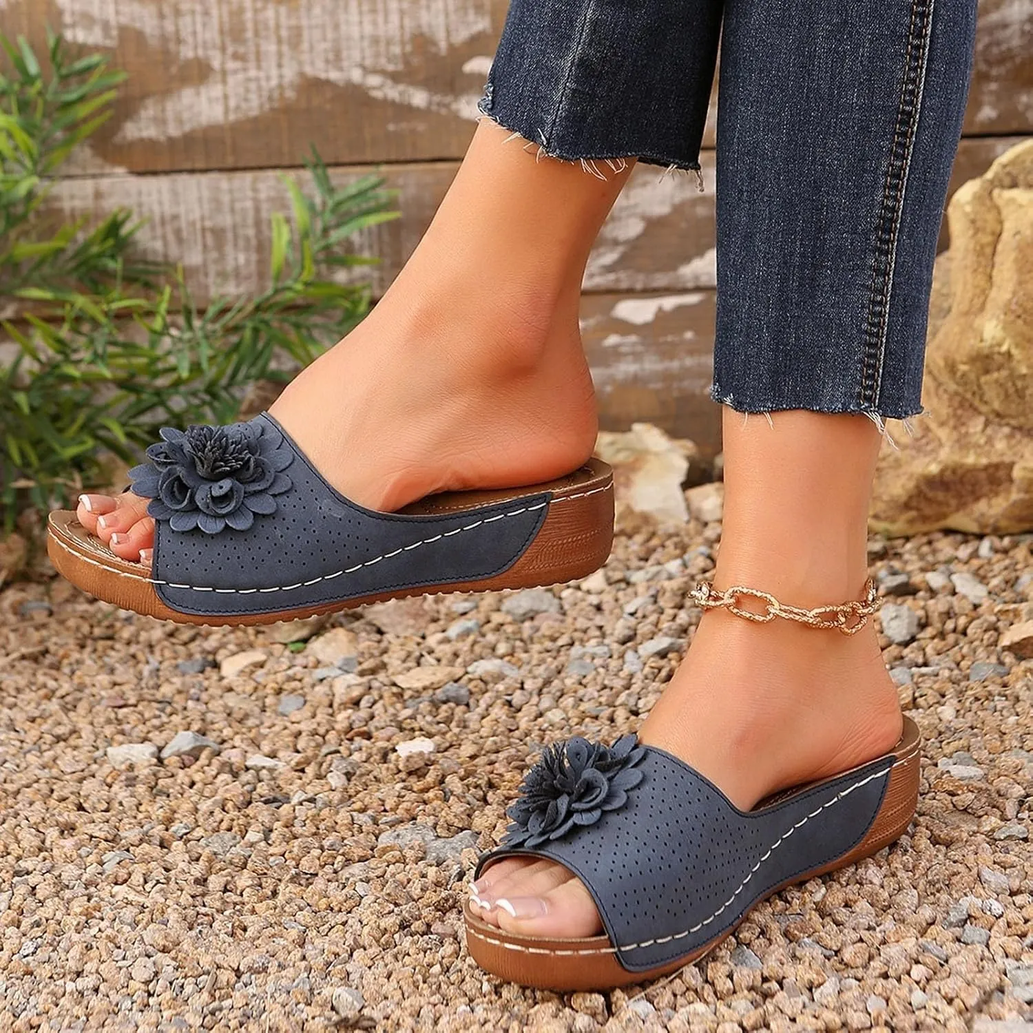 Chic Flowers Orthopedic Sandals for Women Summer Beach Comfortable Sandals Wedge Low Open Toe Slides Fish Mouth Leather Slippers Dressy Casual Slip-On with Arch Support
