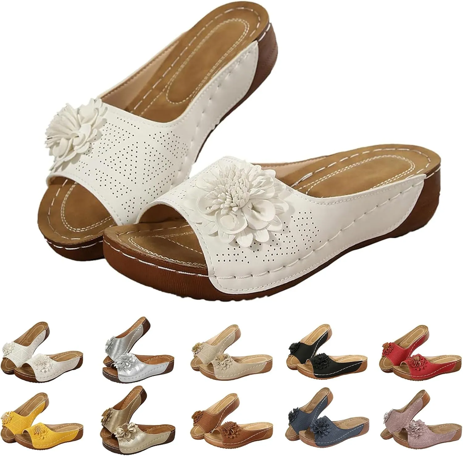 Chic Flowers Orthopedic Sandals for Women Summer Beach Comfortable Sandals Wedge Low Open Toe Slides Fish Mouth Leather Slippers Dressy Casual Slip-On with Arch Support