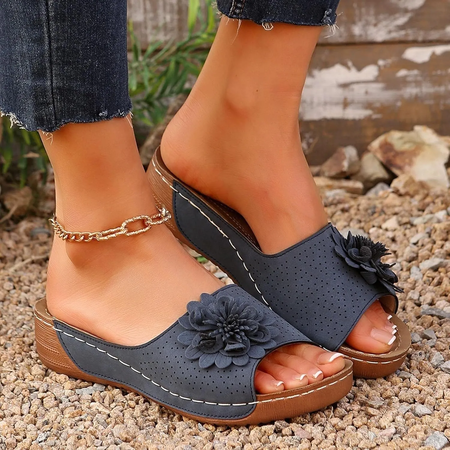 Chic Flowers Orthopedic Sandals for Women Summer Beach Comfortable Sandals Wedge Low Open Toe Slides Fish Mouth Leather Slippers Dressy Casual Slip-On with Arch Support