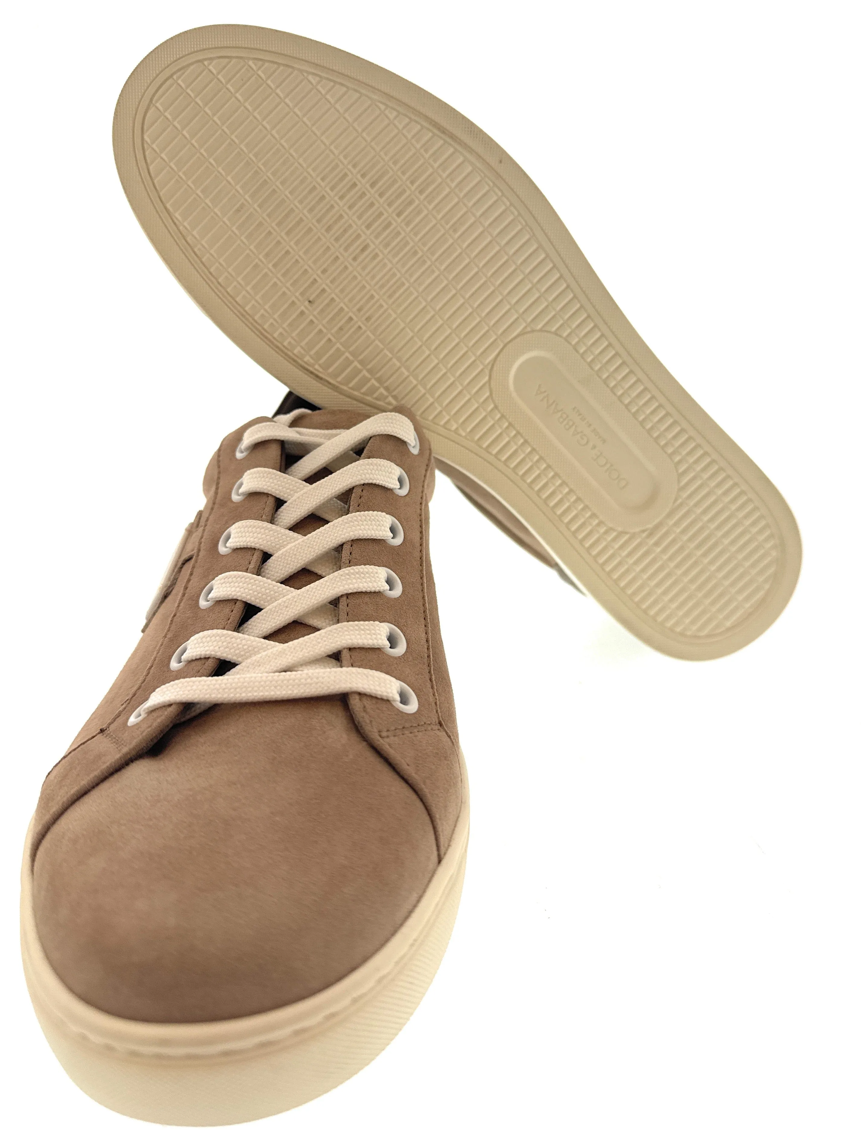 Dolce & Gabbana Men's Beige Suede Low-Top Sneakers with Logo Plaque-EU41