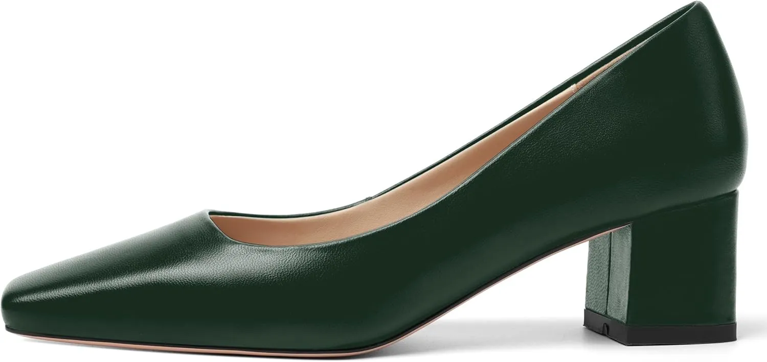 FOGEENA Womens Solid Party Square Toe Slip On Casual Matte Leather Chunky Low Heel Pumps Shoes 2.2 Inch