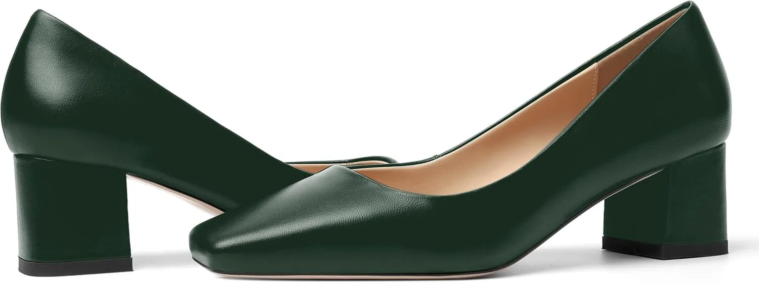 FOGEENA Womens Solid Party Square Toe Slip On Casual Matte Leather Chunky Low Heel Pumps Shoes 2.2 Inch