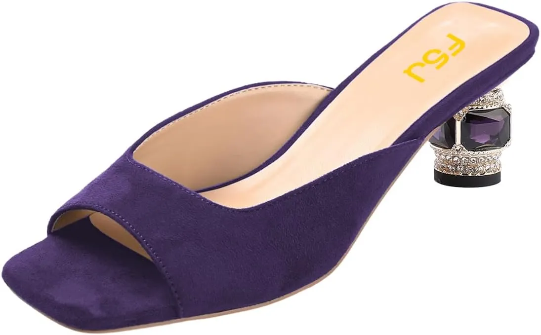 FSJ Women Square Open Toe Block Crystal Low Heel Mule Sandals Backless Slip On Jeweled Slide Heels Comfort Casual Slipper Dress Shoes Size 4-16 US