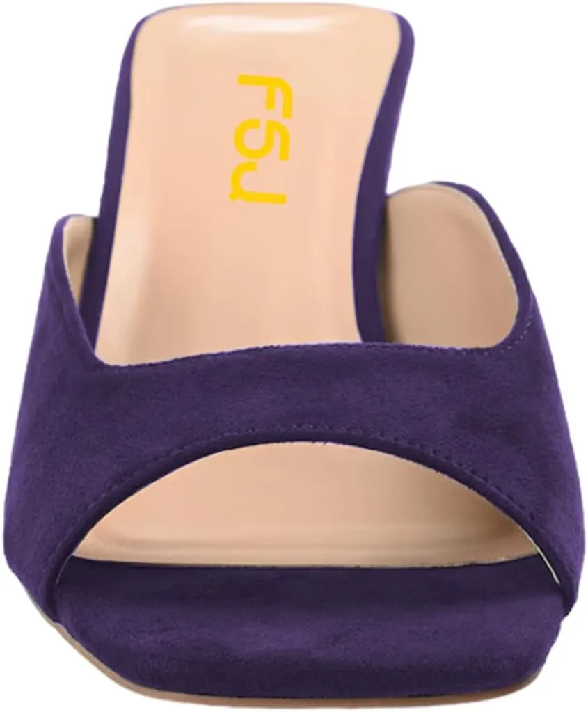 FSJ Women Square Open Toe Block Crystal Low Heel Mule Sandals Backless Slip On Jeweled Slide Heels Comfort Casual Slipper Dress Shoes Size 4-16 US