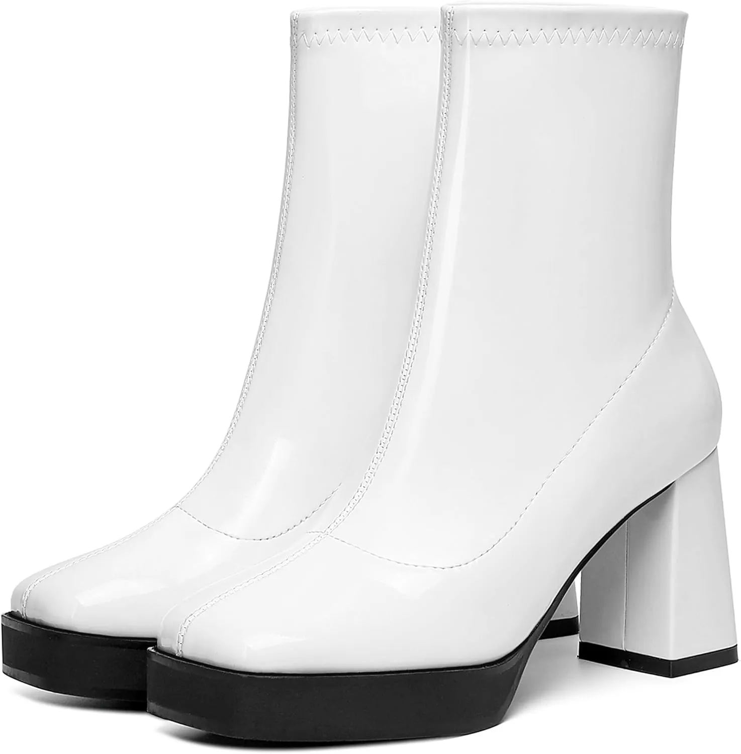 GO GO Boots for Women Mid Calf Platform Boots Square Toe Block High Heel Booties Slip On Disco Dressy Patent Leather Boot