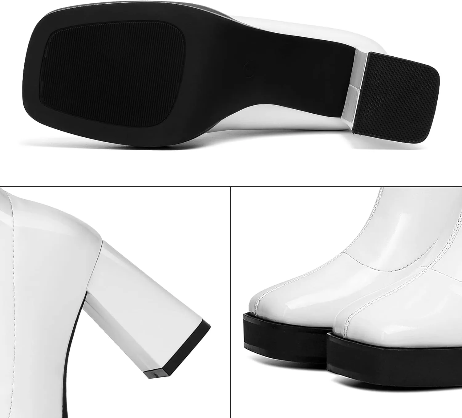GO GO Boots for Women Mid Calf Platform Boots Square Toe Block High Heel Booties Slip On Disco Dressy Patent Leather Boot