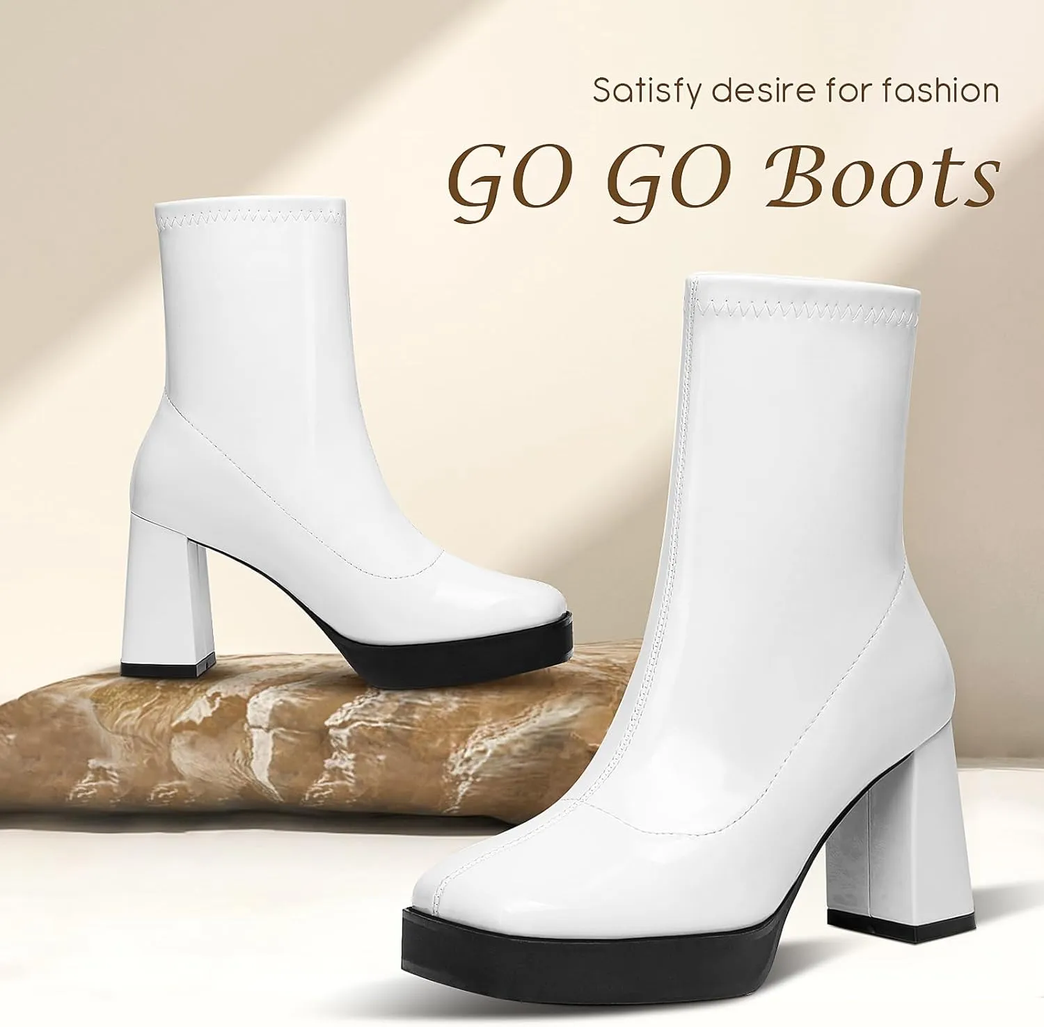 GO GO Boots for Women Mid Calf Platform Boots Square Toe Block High Heel Booties Slip On Disco Dressy Patent Leather Boot