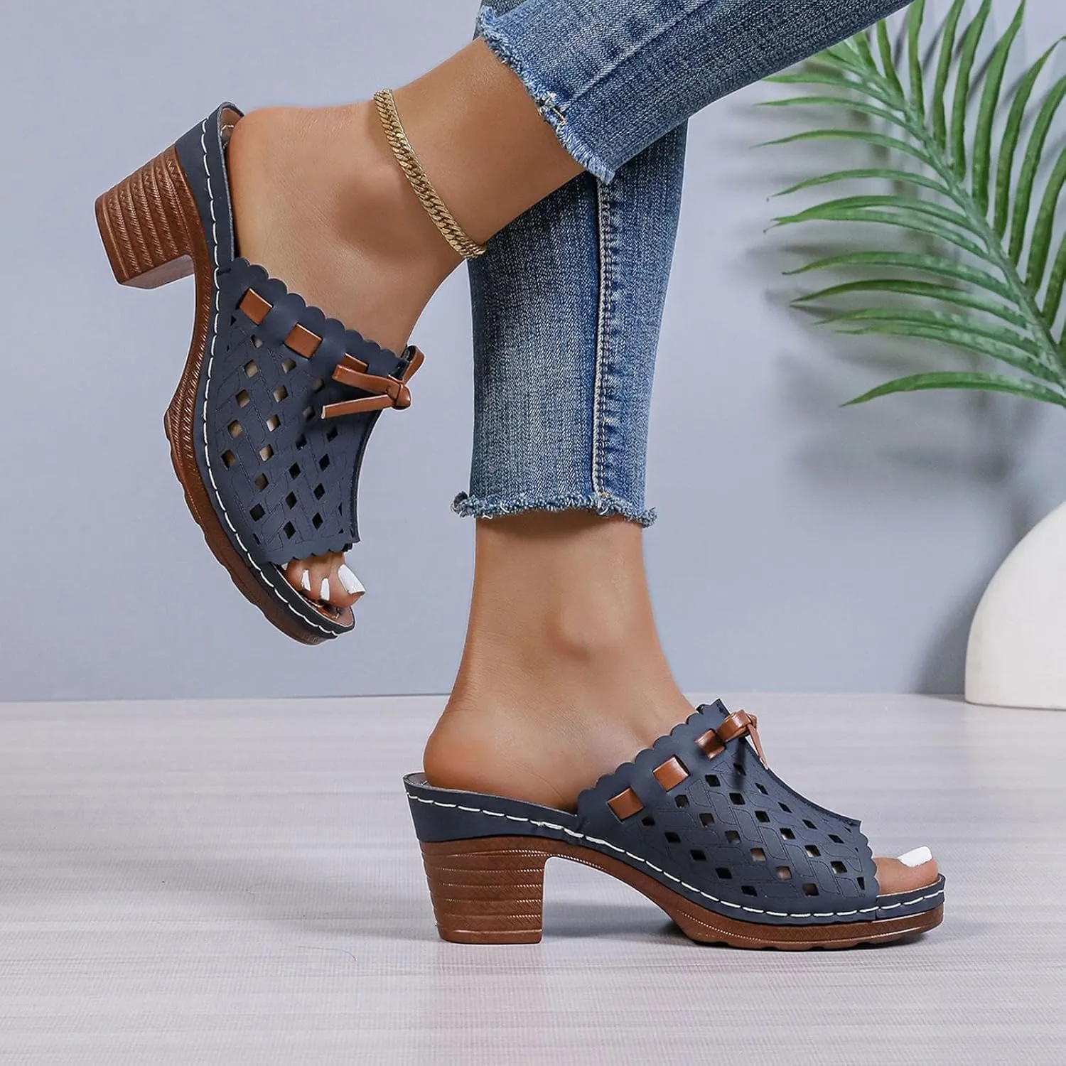 Heeled Sandals for Women Summer Orthopedic Clogs Wide Width Wedge Non Slip Sandals Leather Open Toe Outdoor Beach Slip On Slippers