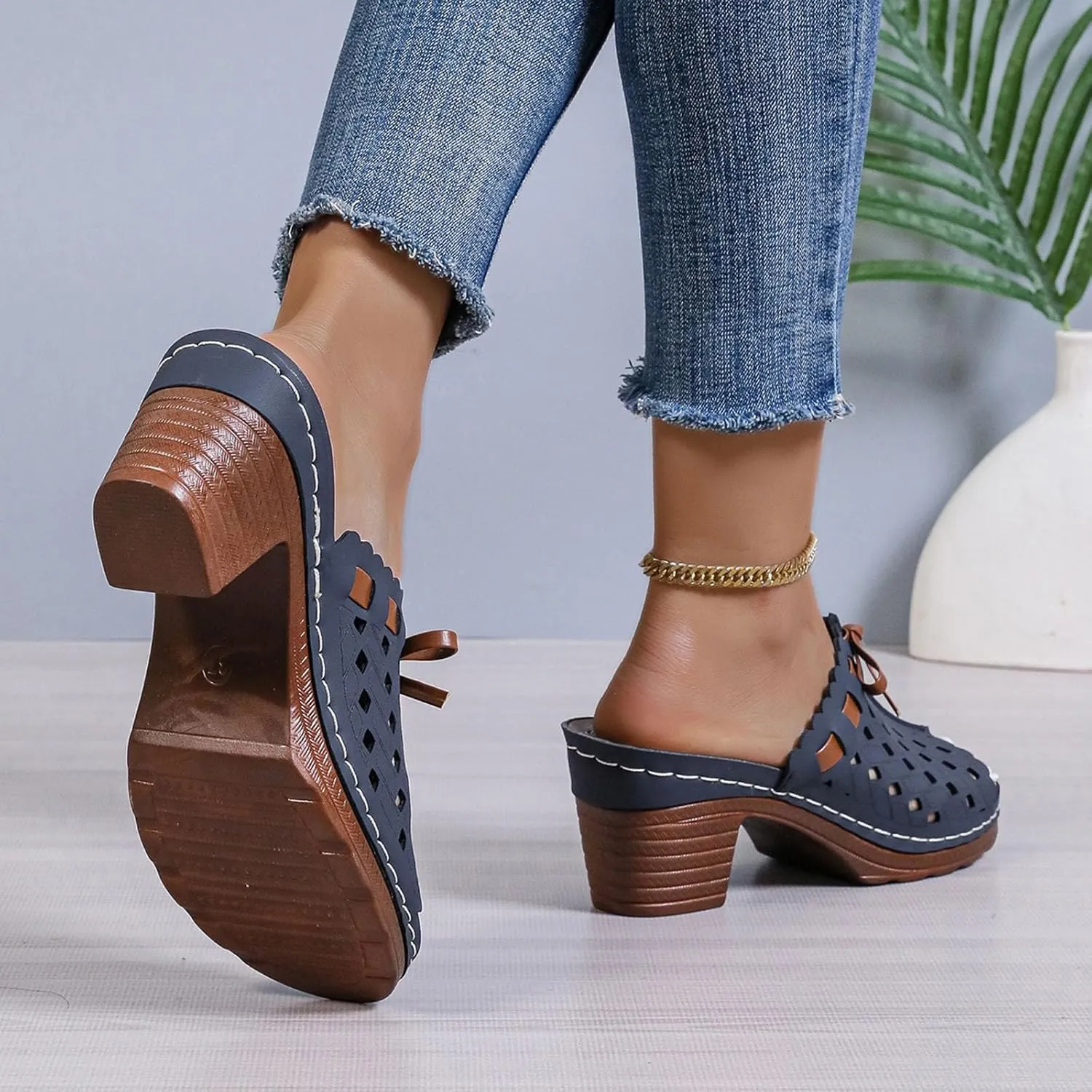 Heeled Sandals for Women Summer Orthopedic Clogs Wide Width Wedge Non Slip Sandals Leather Open Toe Outdoor Beach Slip On Slippers