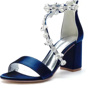 Hyinlays Women's Open Toe Block Heel Sandals Chunky Crystal Wedding Dress Shoes Ankle Strap Prom Party Pump Sandals