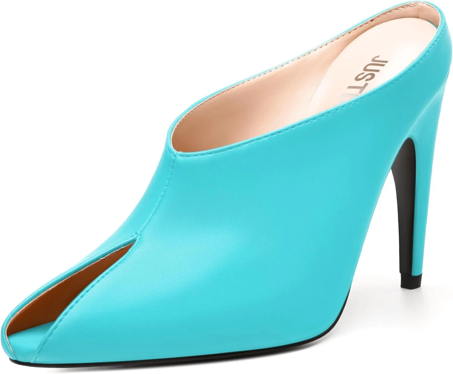 JUSTDANNI Mules for Women Heels Peep Open Toe Stiletto High Heel Sandals Slingback Slip On Comfortable Casual Wedding Office Dating Dress Shoes