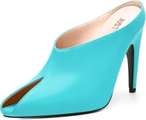 JUSTDANNI Mules for Women Heels Peep Open Toe Stiletto High Heel Sandals Slingback Slip On Comfortable Casual Wedding Office Dating Dress Shoes