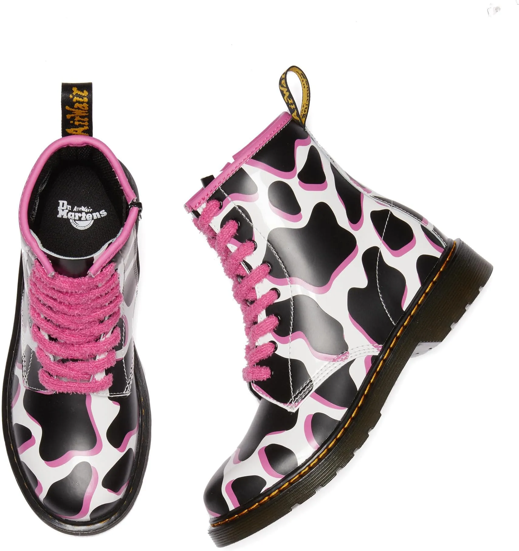 Dr. Martens 1460 White Cow Print Patent Leather Lace-Up Boots