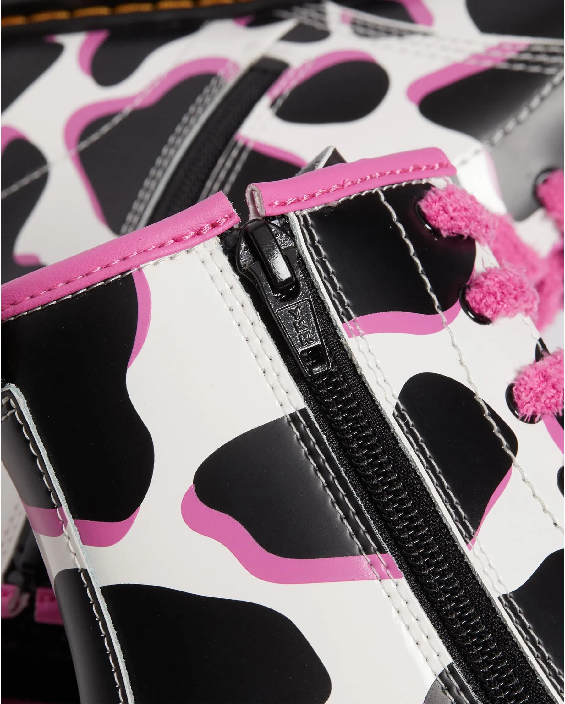 Dr. Martens 1460 White Cow Print Patent Leather Lace-Up Boots