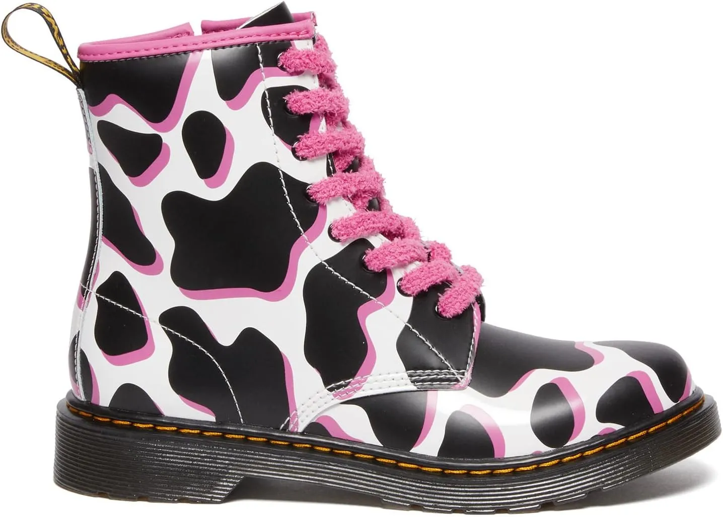 Dr. Martens 1460 White Cow Print Patent Leather Lace-Up Boots