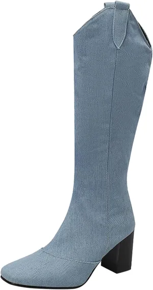 Ladies Cowboy Fashion Vintage Boots Pointed Toe Low Heel Side Zipper Knee Boots Knee High Boots 12w Women Wide Calf (Light Blue, 9)