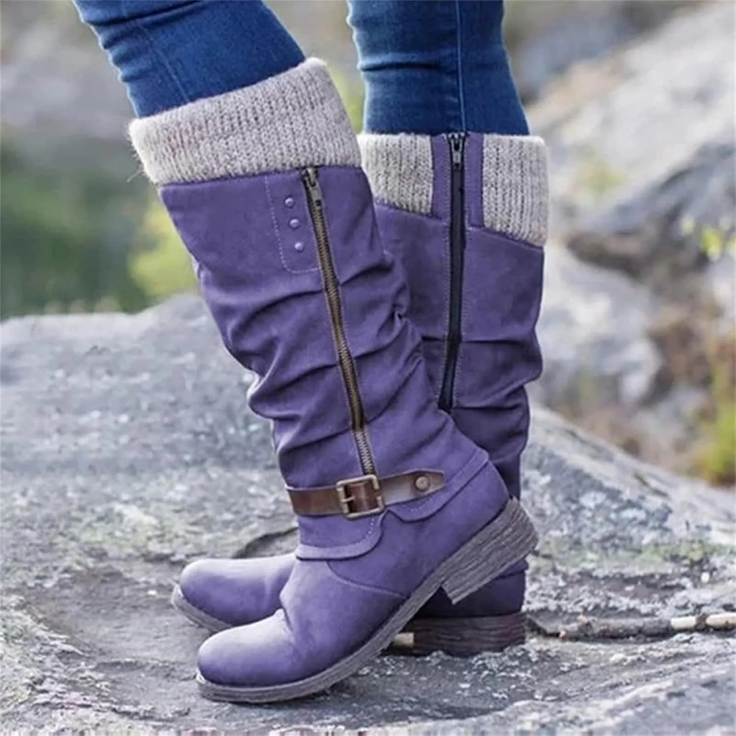 Ladmiple Cowboy Boots For Women Knee High Wide Calf Cowgirl Boots Mid Heel Retro Fashion Tall Boot Pull On for Ladies