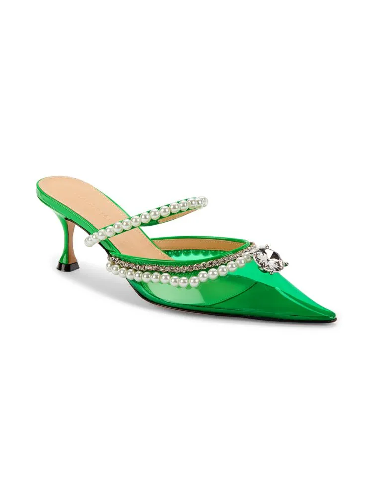 Mach & Mach faux pearl and crystal mules, green