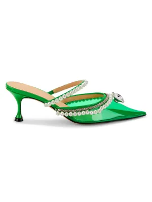 Mach & Mach faux pearl and crystal mules, green
