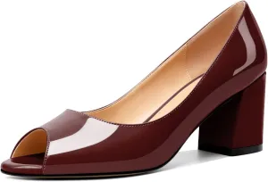 Mettesally Womens Peep Toe Pumps Low Chunky Heels Slip On Comfortable Open Toe Wedding Prom Dressy Shoes