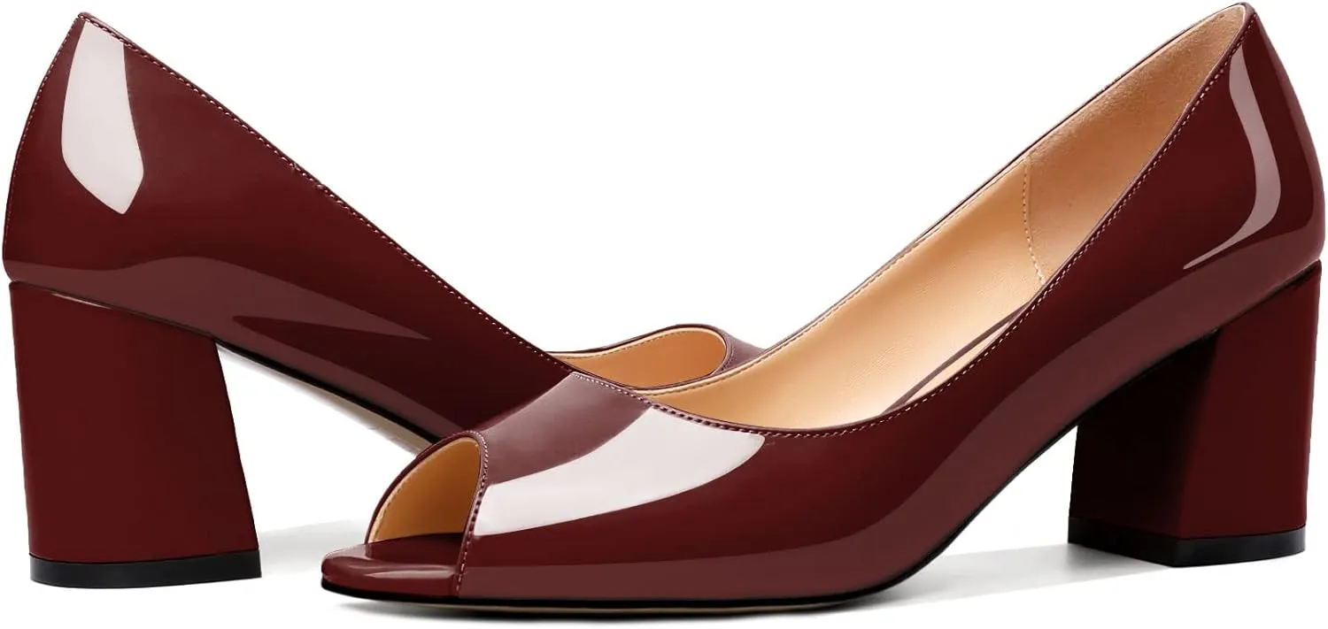 Mettesally Womens Peep Toe Pumps Low Chunky Heels Slip On Comfortable Open Toe Wedding Prom Dressy Shoes