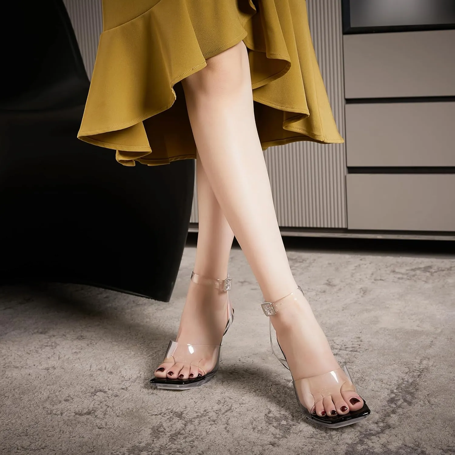 NBUUNBU Clear Heels for Women Sexy Transparent Strappy Ankle Straps Shoes Platform High Kitten Heel Slingback Square Toe Stiletto Comfortable Sandals Mules Pumps