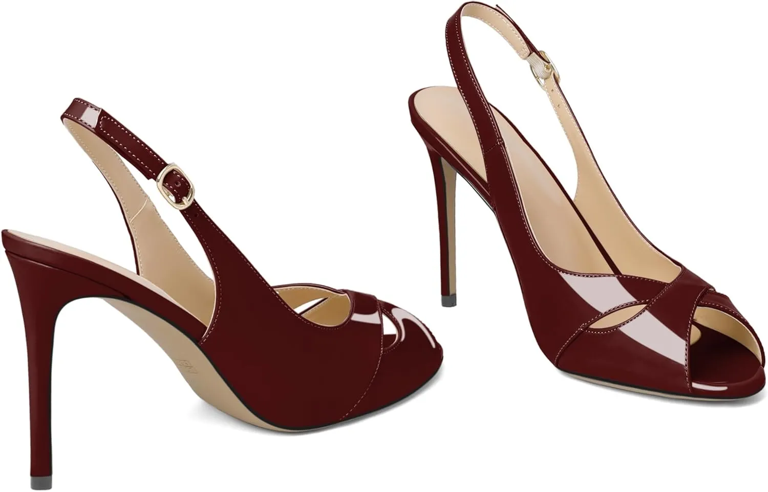 Soireelady Womens Slingback Heels Peep Toe Stiletto High Heel Pumps Slip On Stilettos Cross Strap Adjustable Buckle Dress Shoes Patent Leather 4 Inches