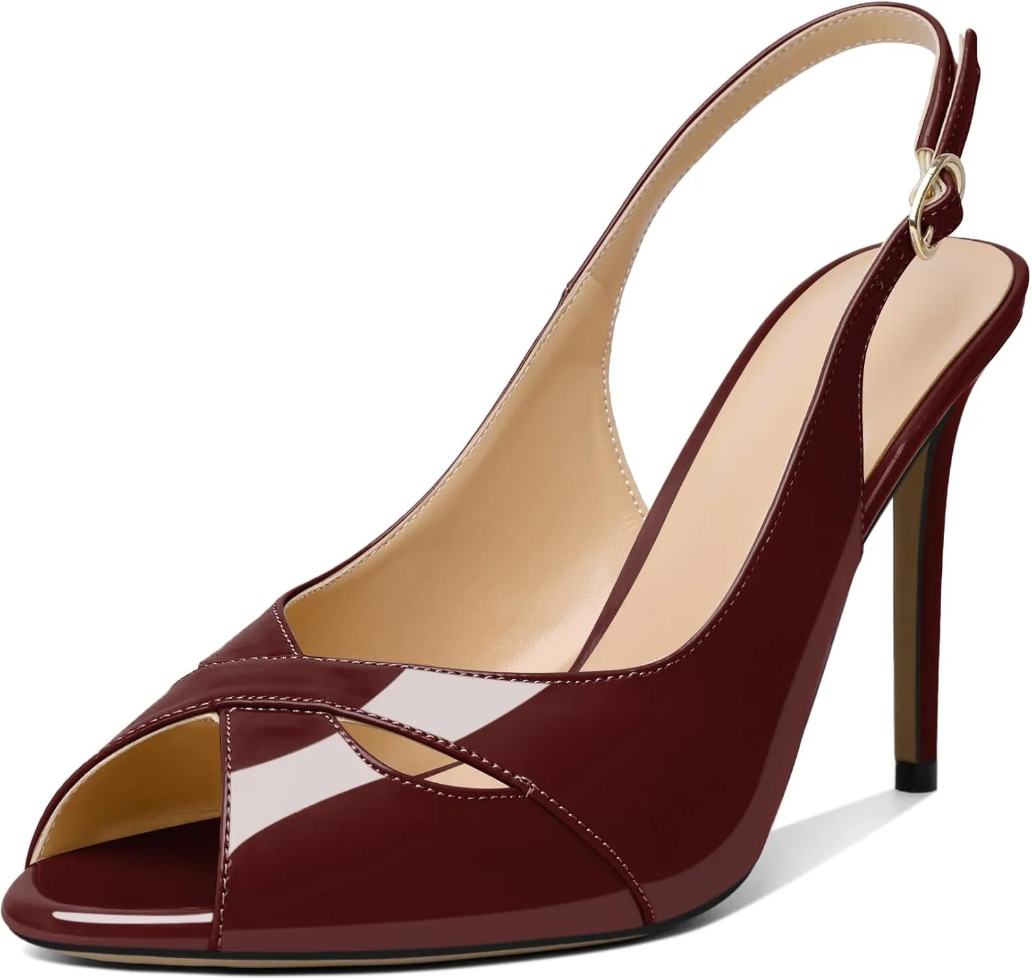Soireelady Womens Slingback Heels Peep Toe Stiletto High Heel Pumps Slip On Stilettos Cross Strap Adjustable Buckle Dress Shoes Patent Leather 4 Inches