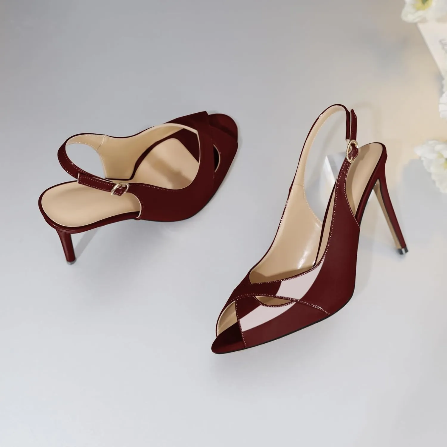 Soireelady Womens Slingback Heels Peep Toe Stiletto High Heel Pumps Slip On Stilettos Cross Strap Adjustable Buckle Dress Shoes Patent Leather 4 Inches