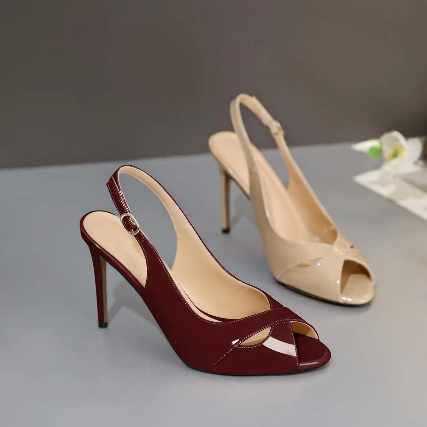 Soireelady Womens Slingback Heels Peep Toe Stiletto High Heel Pumps Slip On Stilettos Cross Strap Adjustable Buckle Dress Shoes Patent Leather 4 Inches