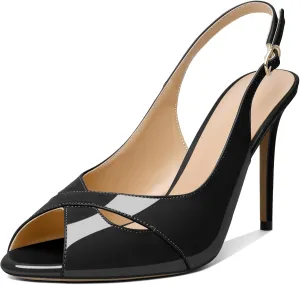 Soireelady Womens Slingback Heels Peep Toe Stiletto High Heel Pumps Slip On Stilettos Cross Strap Adjustable Buckle Dress Shoes Patent Leather 4 Inches