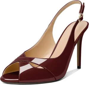 Soireelady Womens Slingback Heels Peep Toe Stiletto High Heel Pumps Slip On Stilettos Cross Strap Adjustable Buckle Dress Shoes Patent Leather 4 Inches