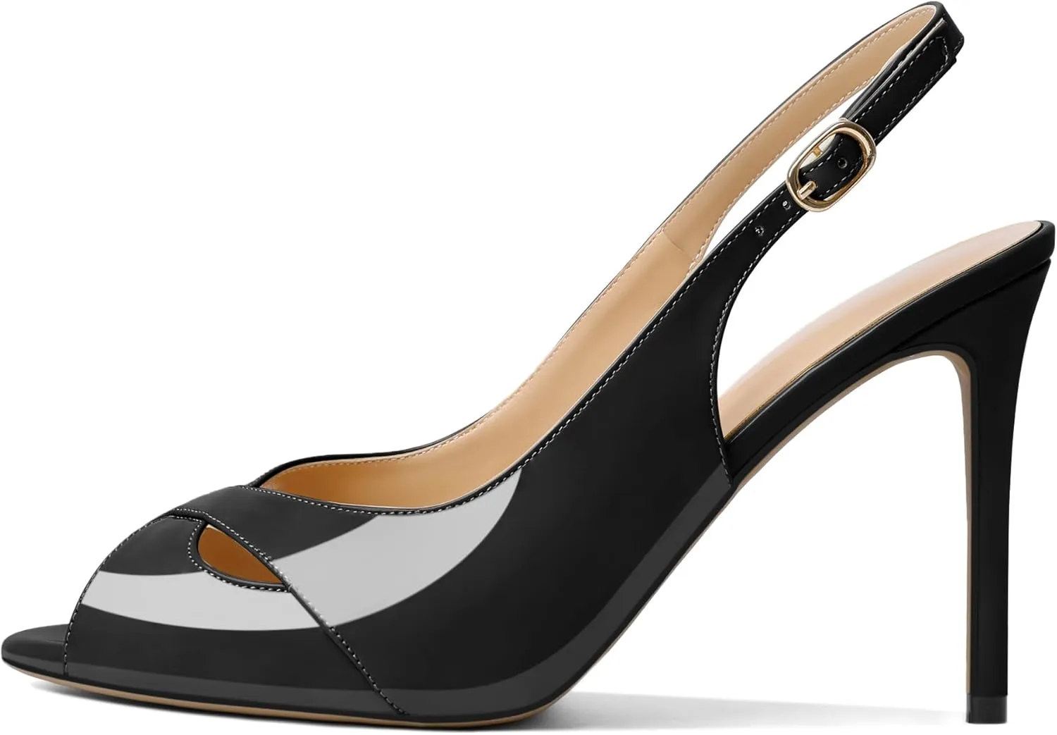 Soireelady Womens Slingback Heels Peep Toe Stiletto High Heel Pumps Slip On Stilettos Cross Strap Adjustable Buckle Dress Shoes Patent Leather 4 Inches