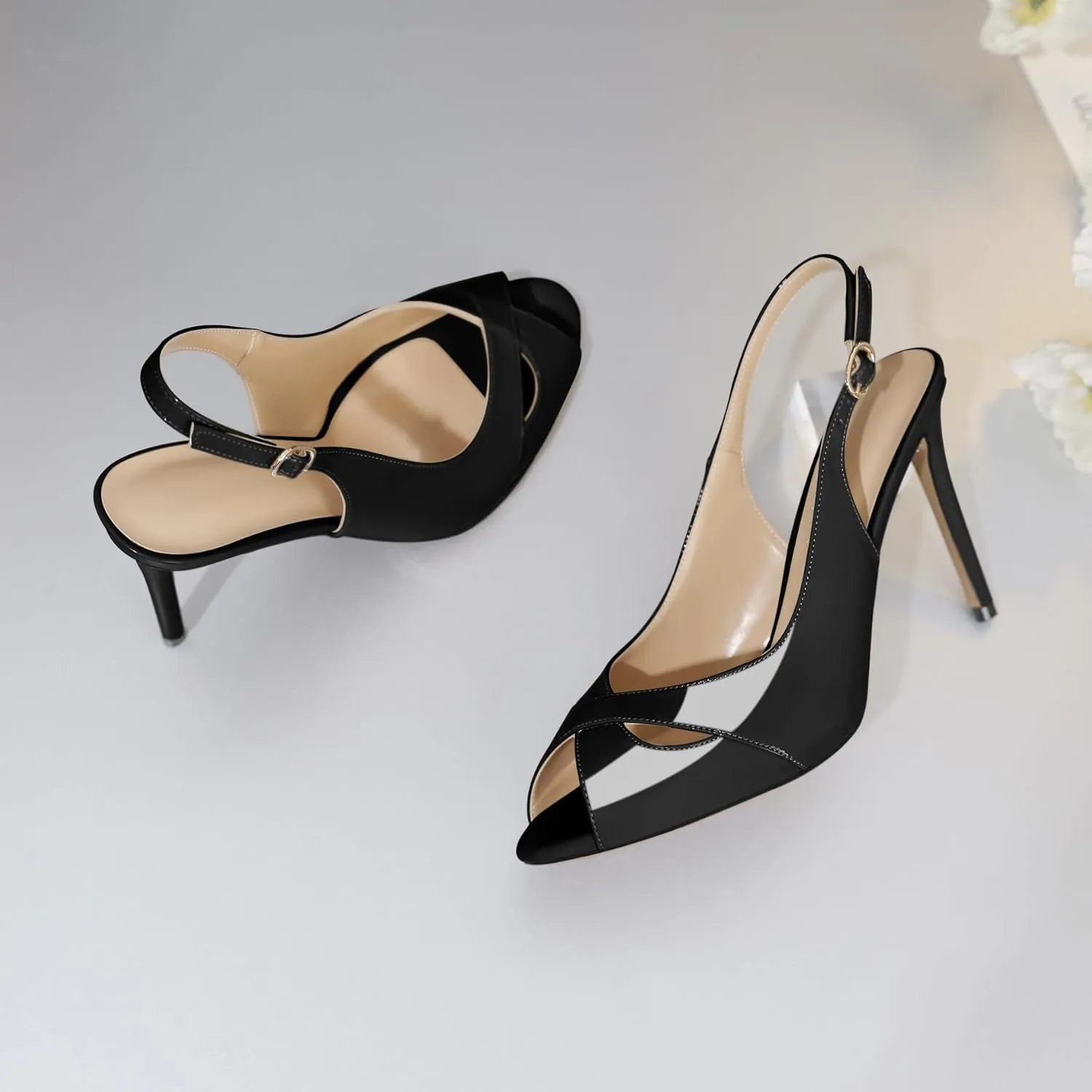 Soireelady Womens Slingback Heels Peep Toe Stiletto High Heel Pumps Slip On Stilettos Cross Strap Adjustable Buckle Dress Shoes Patent Leather 4 Inches