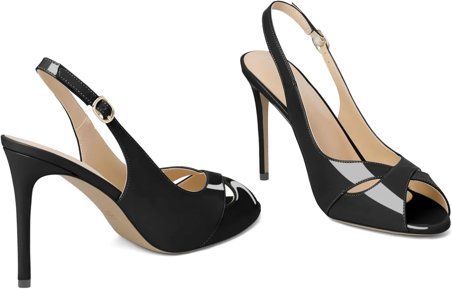Soireelady Womens Slingback Heels Peep Toe Stiletto High Heel Pumps Slip On Stilettos Cross Strap Adjustable Buckle Dress Shoes Patent Leather 4 Inches