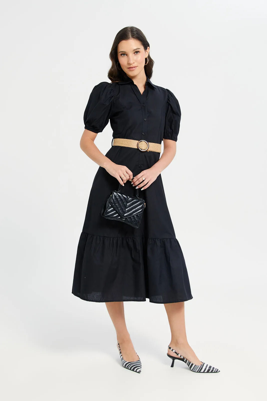 Woman Black Belted Dress