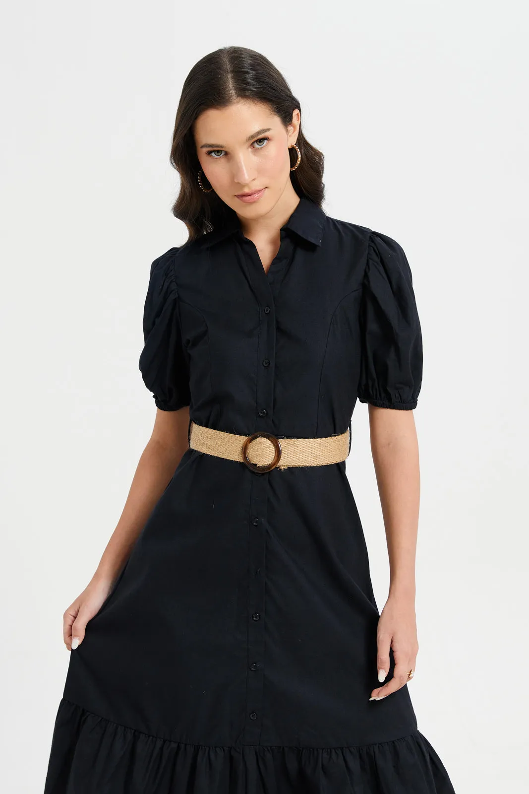 Woman Black Belted Dress
