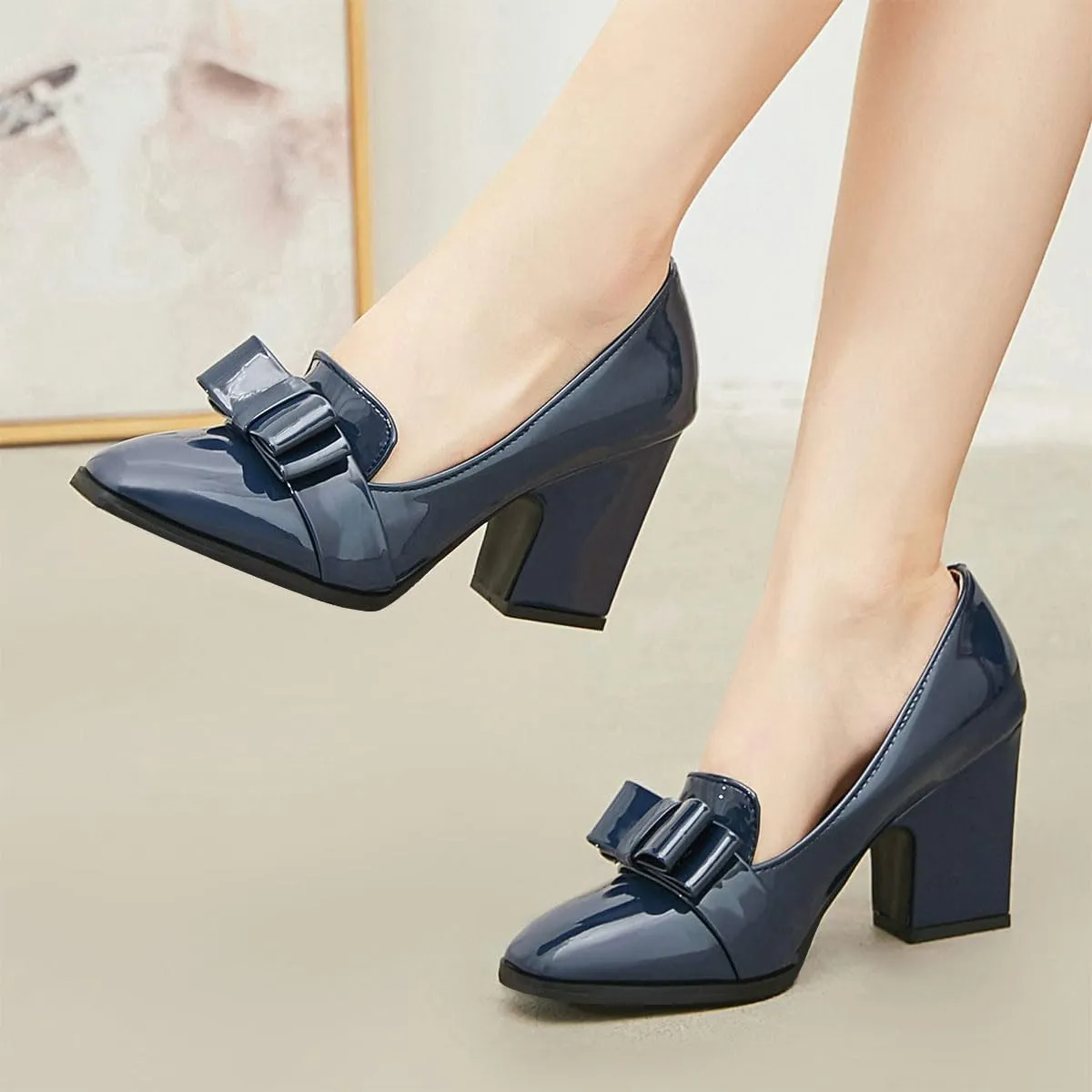 Women Square Toe Bow Slip on Loafer Pumps Chunky High Heel Work Office Elegant Party Event Shoes Size 4-16 US