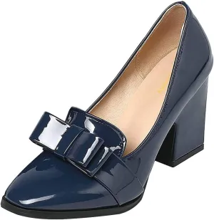 Women Square Toe Bow Slip on Loafer Pumps Chunky High Heel Work Office Elegant Party Event Shoes Size 4-16 US